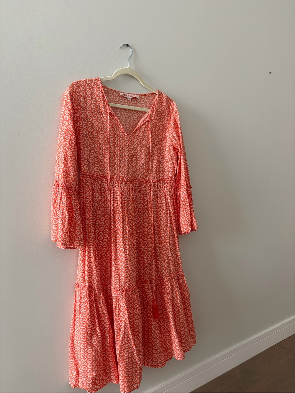 Coral Printed Tiered Midi Dress with Tie Neck